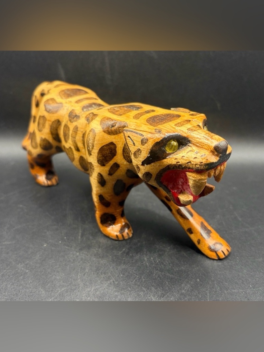 Vintage Hand Carved Hand Painted Faceted Bead Eye Leopard Jaguar Figure Figurine